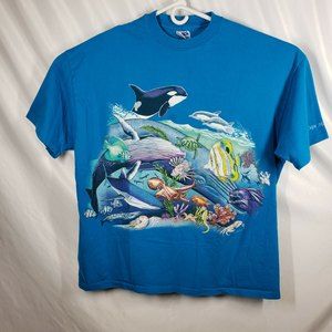 Vintage 1993 2XL Blue T-Shirt Sue Wilkinson Art Aquatic Harlequin Graphic EUC
